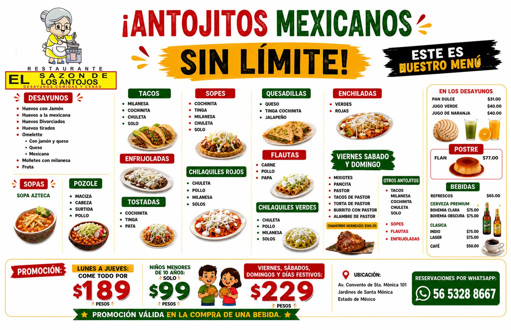 Menú de antojitos mexicanos de El Sazón de los Antojos
